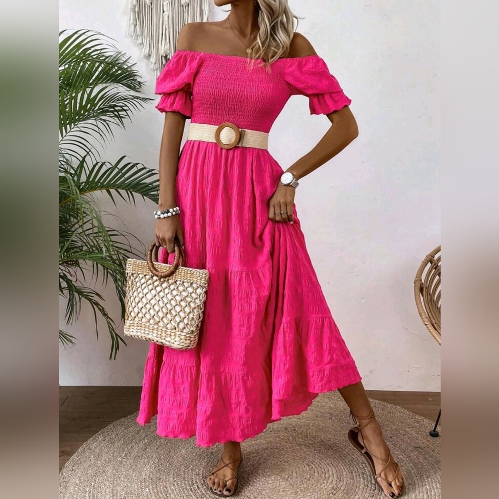 * NEW Flowy Puff Sleeve Smocked Tiered Long Dress Hot Pink